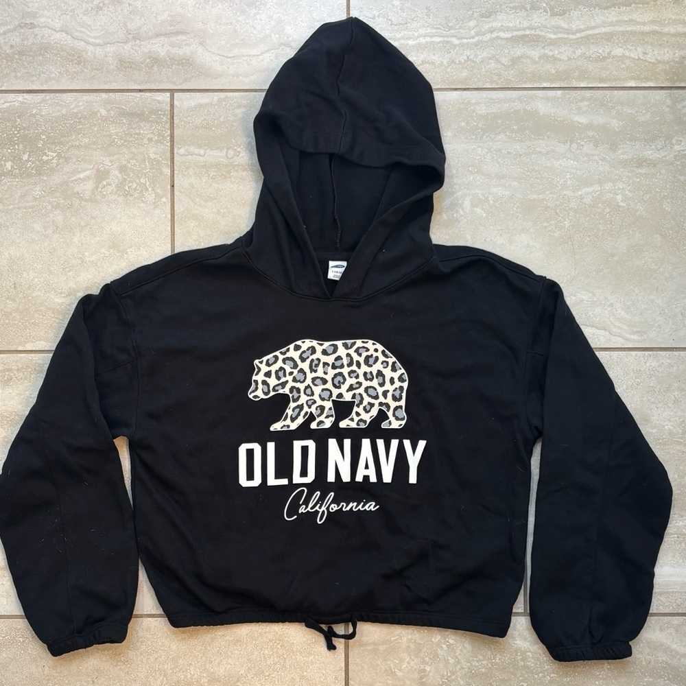 Old Navy Girls Cropped Black leopard Hoodie California Size L 10/12 NWOT